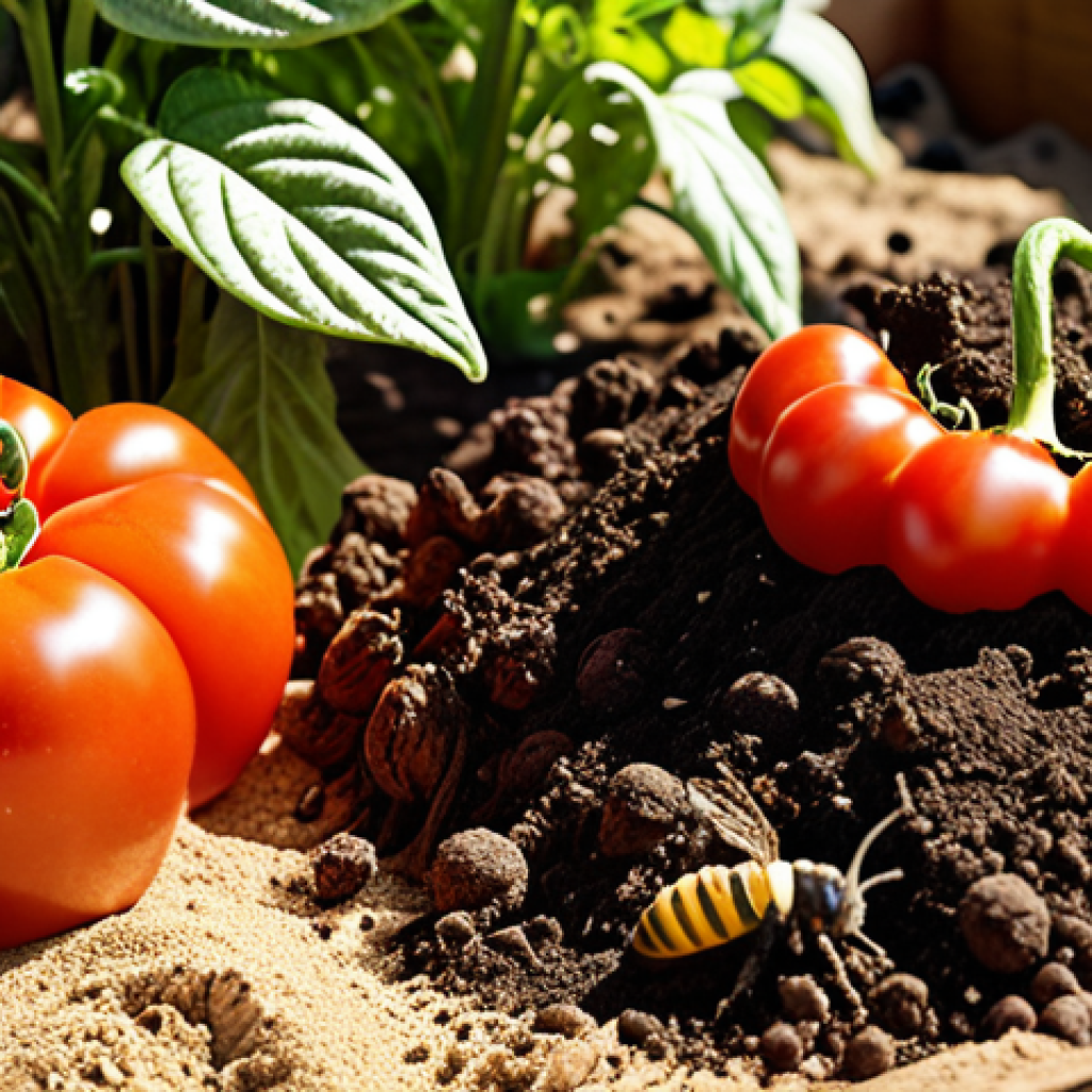 **A thriving Guild Ecosystem Garden with various plants, vegetables (tomatoes, peppers), and flowers, bathed in warm sunlight.** Close-up on the soil showing a mix of compost, sand, and earthworm castings. Focus on the rich soil texture and healthy plant roots. Butterflies and bees are flitting around.