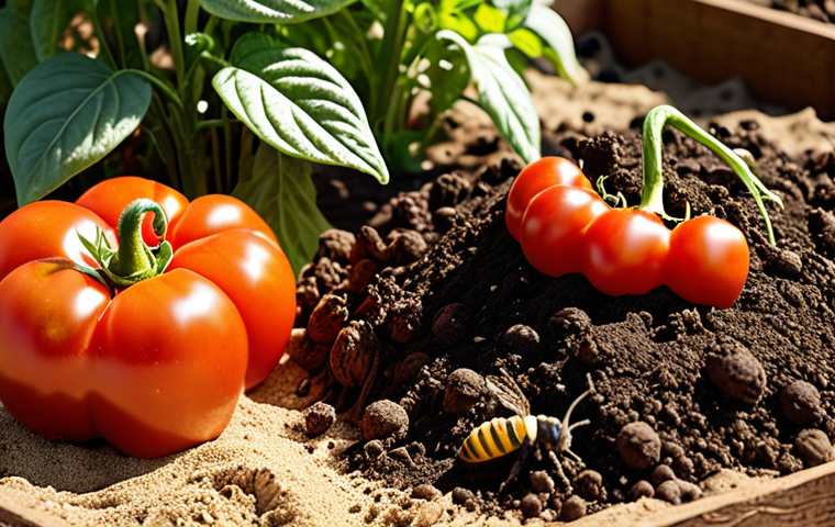**A thriving Guild Ecosystem Garden with various plants, vegetables (tomatoes, peppers), and flowers, bathed in warm sunlight.** Close-up on the soil showing a mix of compost, sand, and earthworm castings. Focus on the rich soil texture and healthy plant roots. Butterflies and bees are flitting around.